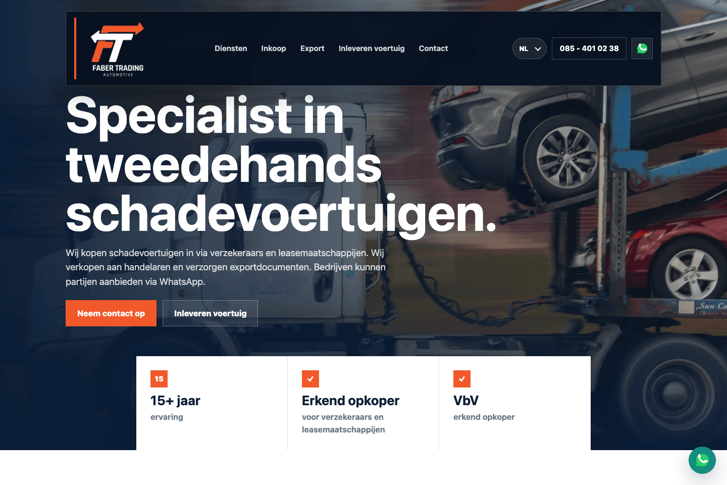 Screenshot van Faber Trading: corporate site voor schadevoertuigen-handel
