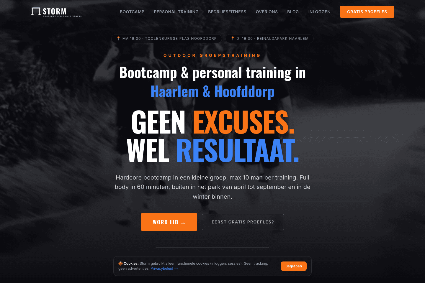 Screenshot van Storm Bootcamp: high-energy site die proefsessies binnenhaalt