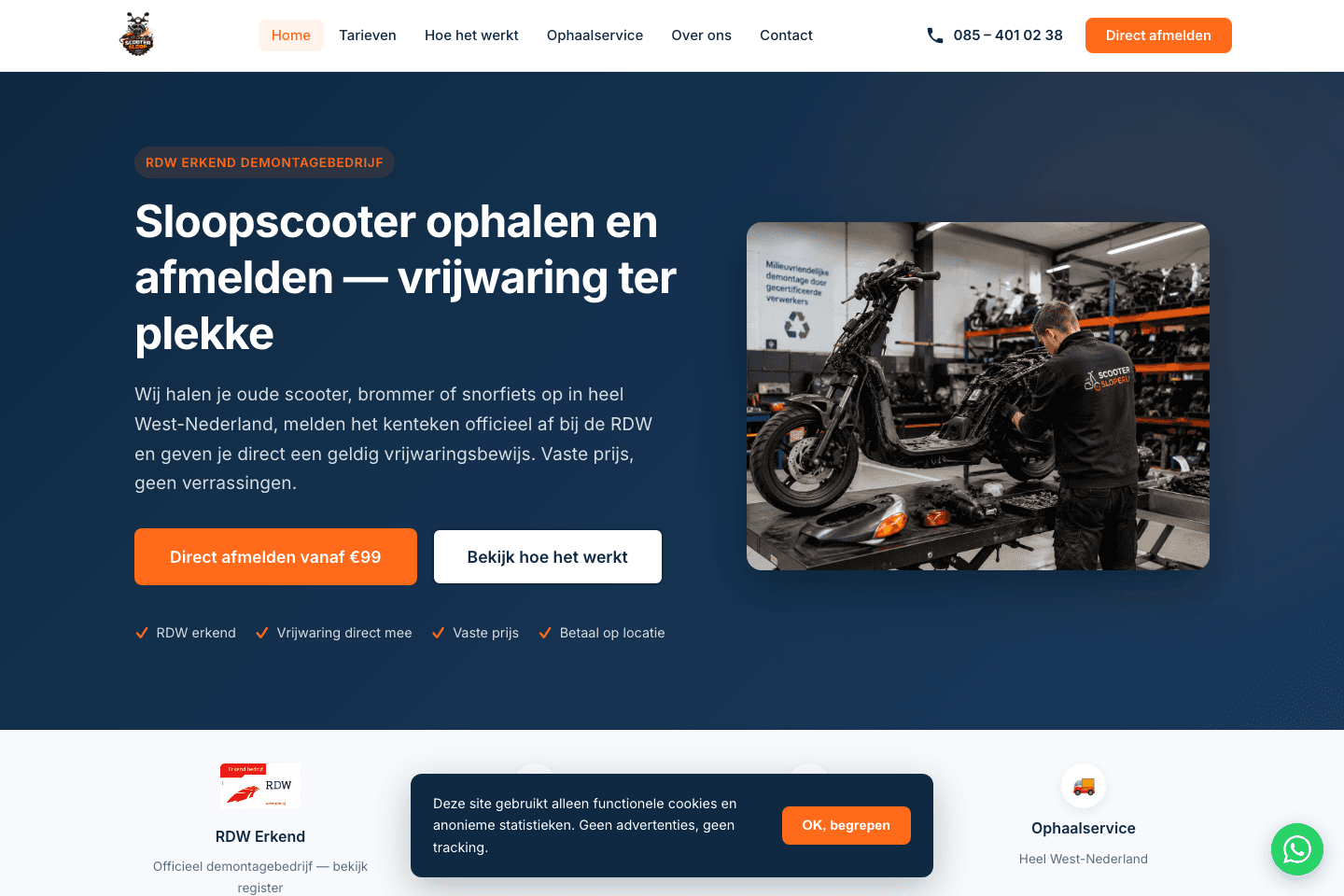 Screenshot van Scootersloperij.nl: landelijke ophaaldienst, online geautomatiseerd