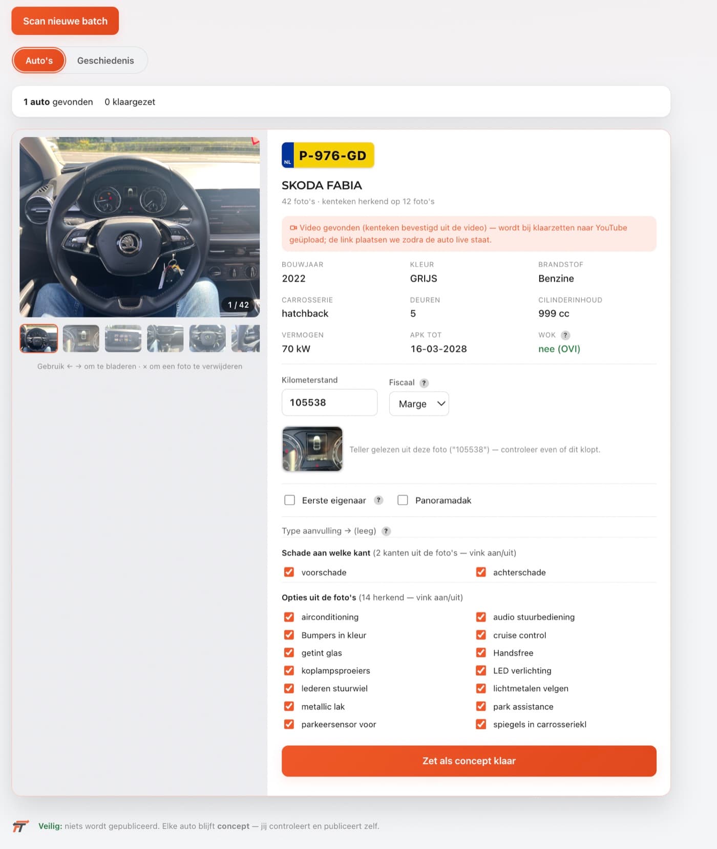 De Faber Advertentie Machine met een gescande auto: kenteken, voertuiggegevens, kilometerstand, schade en opties automatisch herkend